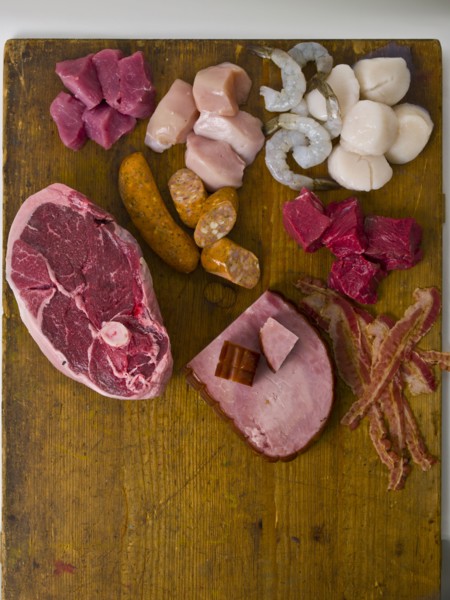Various raw meat and seafood