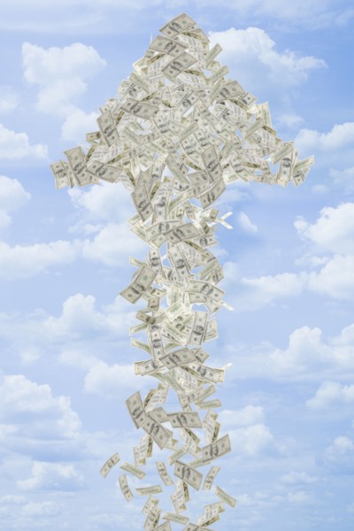 Illustration of dollar bills making arrow in sky