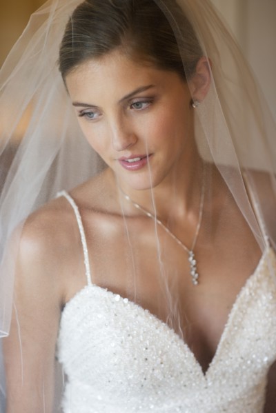 Caucasian bride wearing wedding gown and veil