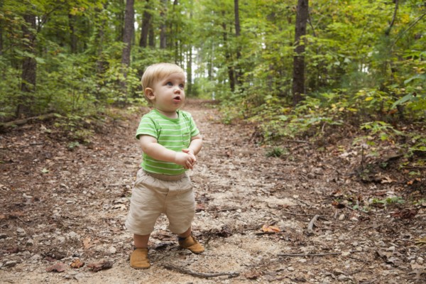 Caucasian toddler walking in forest