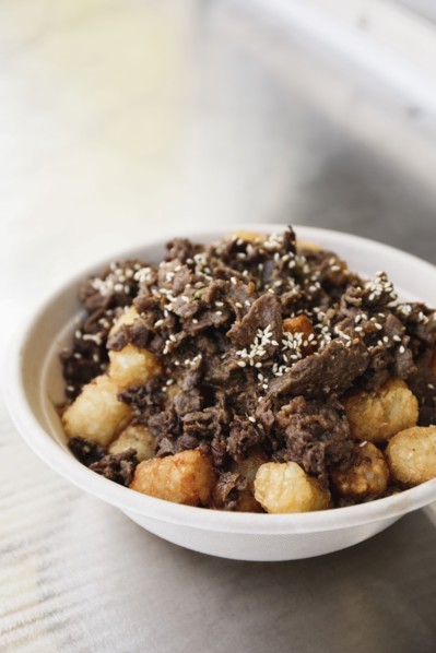 Bowl of steak and tater tots