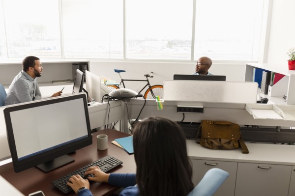 People working at computers in office