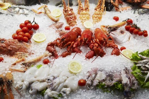 Close up of seafood displayed on ice