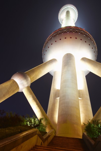 Oriental Pearl Tower lit up at night