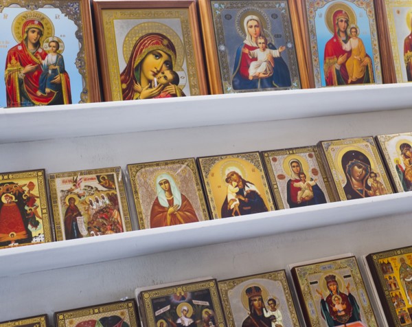 Religious icons for sale in store