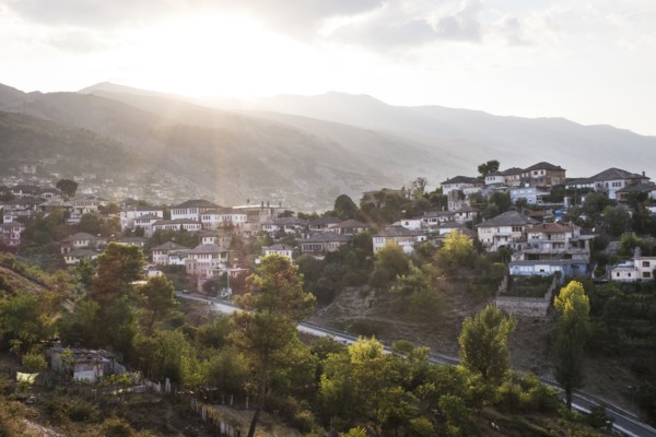 Aerial view of village in rural landscape