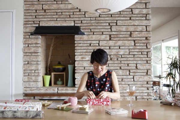 Japanese woman wrapping gifts