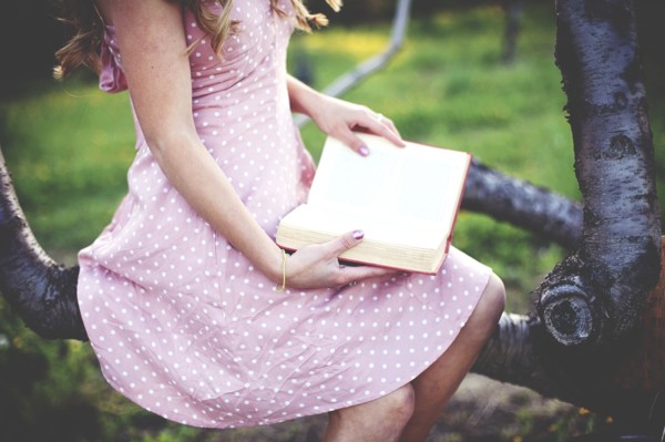 Close up of woman reading book in tree