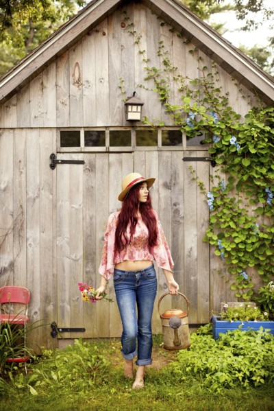 Gardener picking flowers in garden