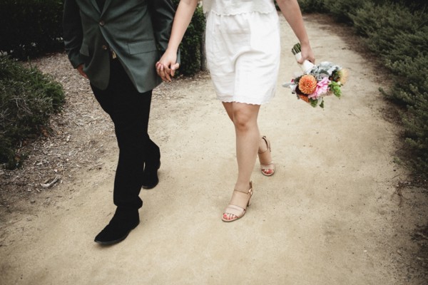 Japanese newlywed couple walking outdoors