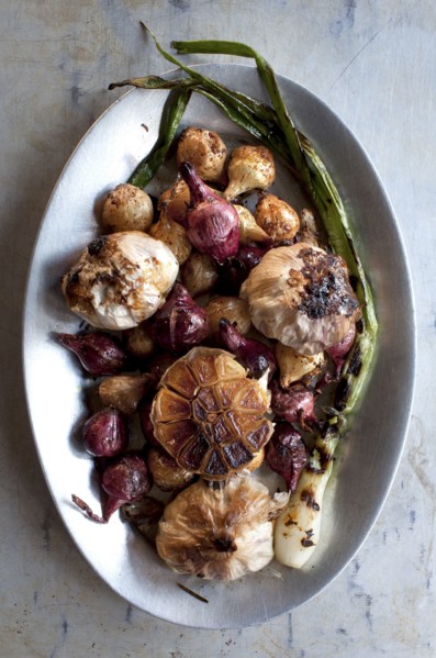 Plate of roast vegetables and garlic