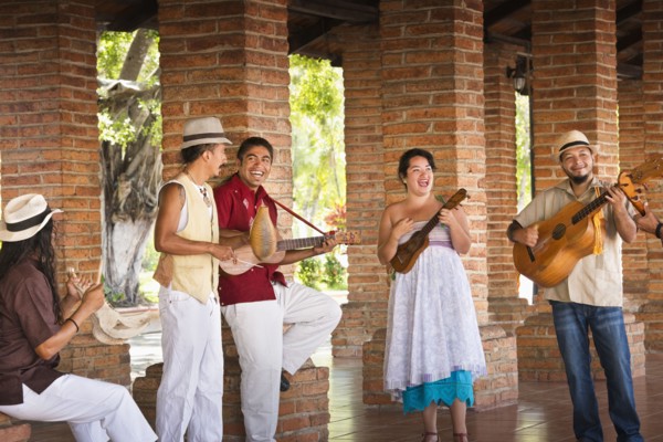 Musicians performing in courtyard