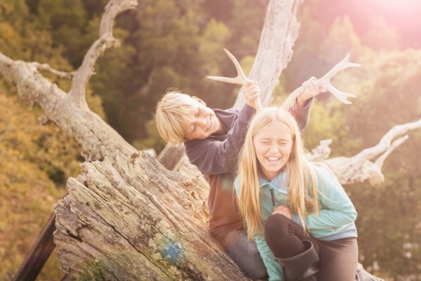 Caucasian brother and sister playing with antlers on tree