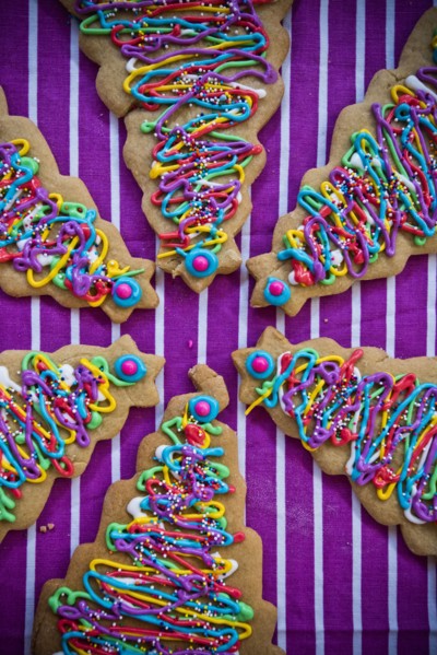 Festive Christmas tree cookies with multicolor icing