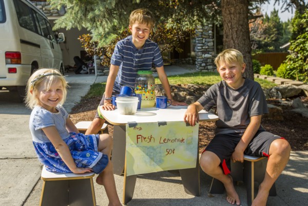 Smiling Caucasian boys and girl selling lemonade