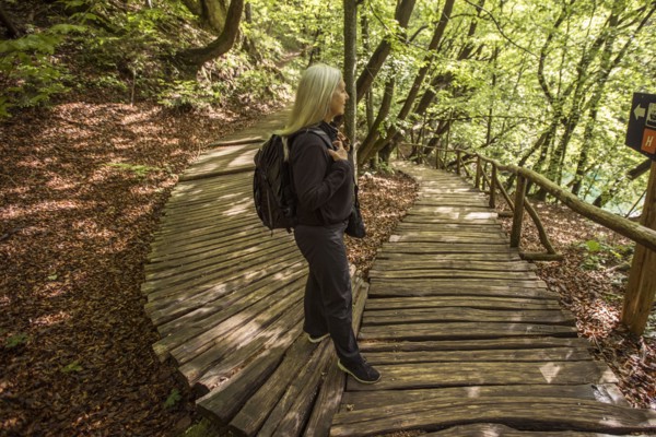 Older Caucasian woman reading sign on wooden pathway in forest