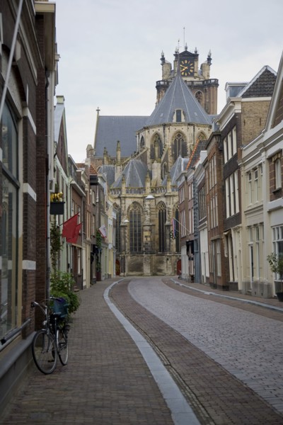 Dutch church and cobblestone street
