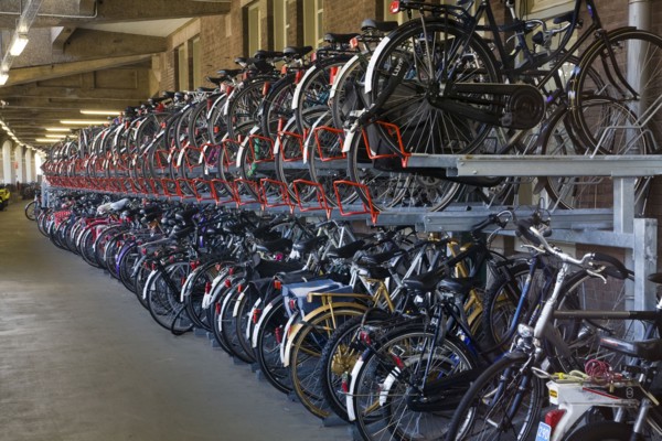 Bicycles parked in storage racks
