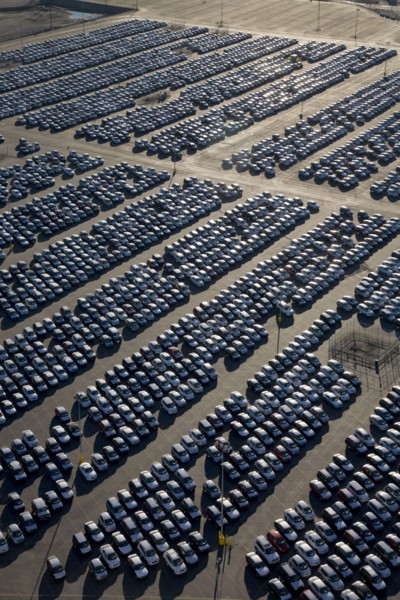 Cars parked in lot at port of Los Angeles