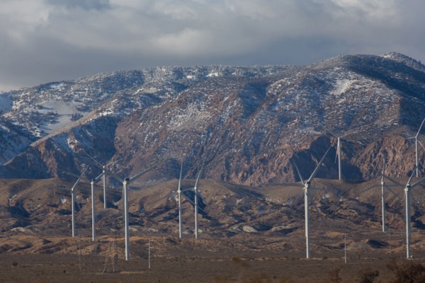 Wind turbines near mountain