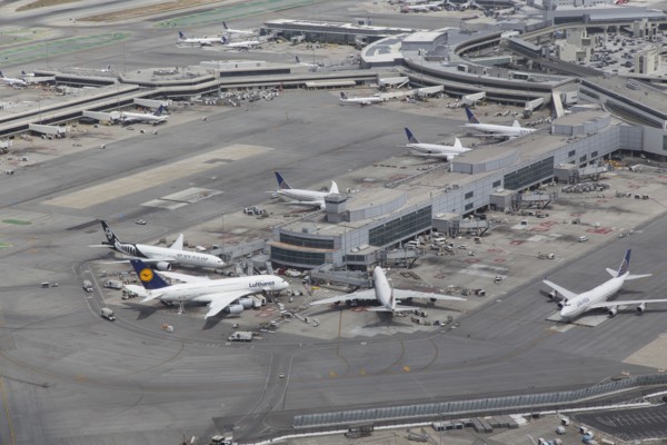 Aerial view of airplanes at airport terminal