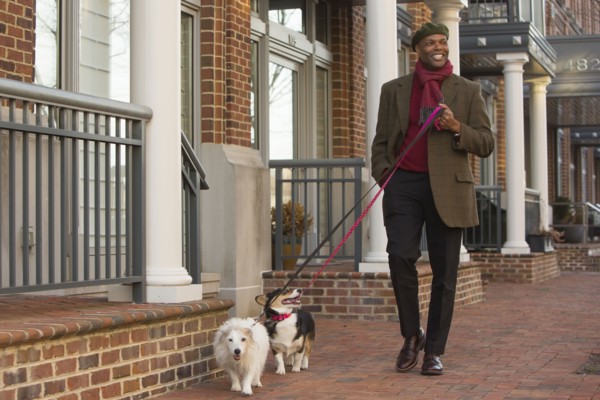 African American man walking dogs on city sidewalk