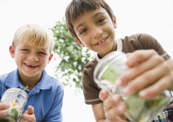Boys holding jars catching bugs