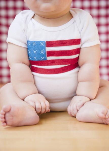 Caucasian baby boy in onesie with American flag on it