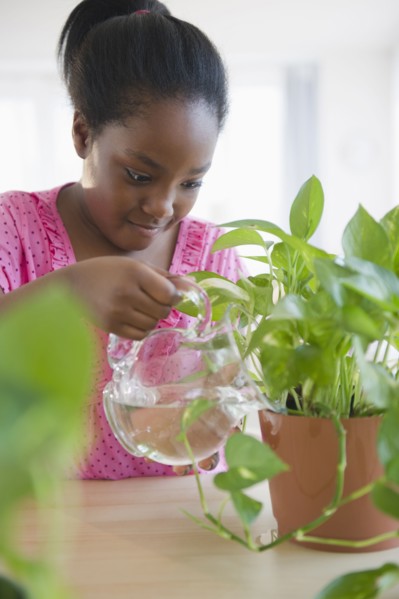 Black girl watering plants