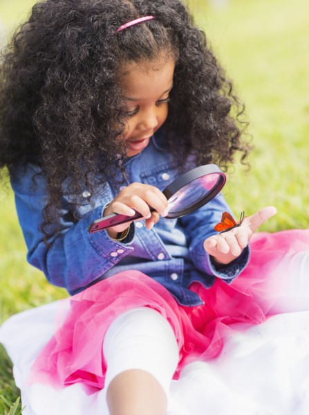 Mixed race girl examining butterfly with magnifying glass