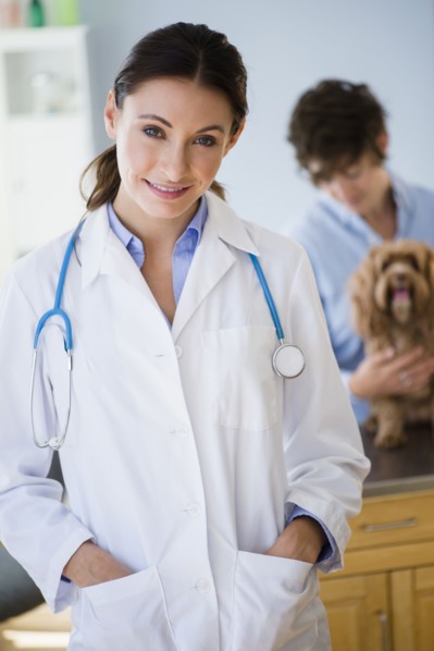 Caucasian veterinarian smiling in office