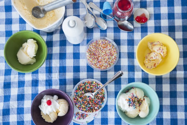 High angle view of ice cream sundaes