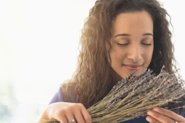 Close up of mixed race woman smelling dried lavender flowers