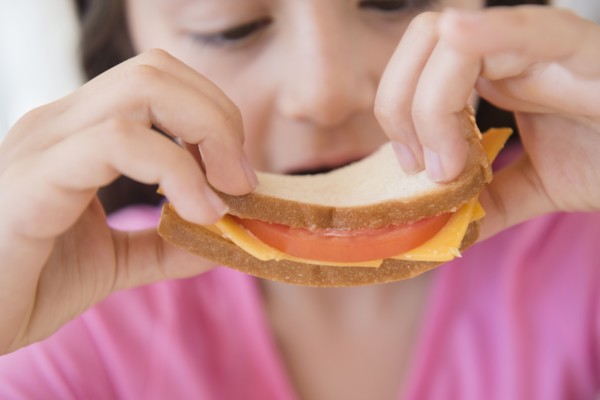 Close up of girl eating sandwich