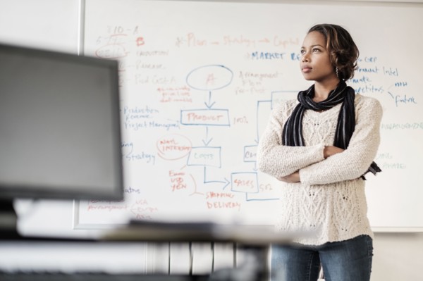 Pensive Black businesswoman thinking in office near whiteboard
