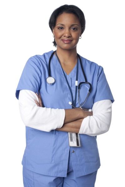 Smiling mixed race doctor with arms crossed