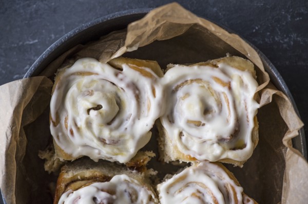 Close-up of freshly baked cinnamon buns