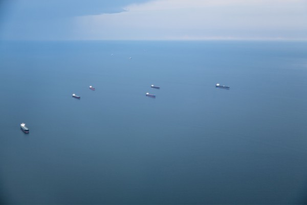Tankers on ocean, aerial view