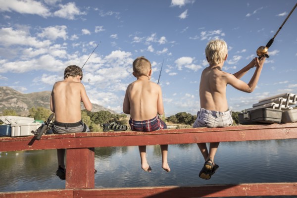 Utah, Highland, Rear view of shirtless boys