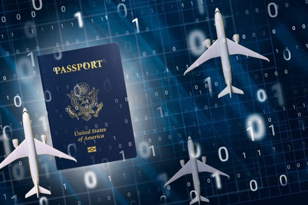 US e-passport with airplanes and binary numbers