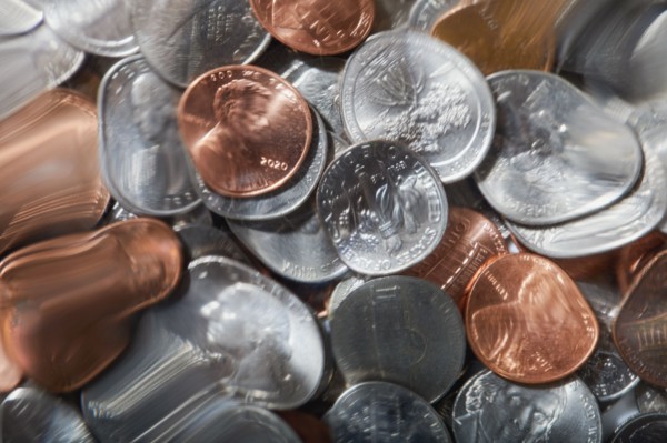 Close-up of distorted US coins