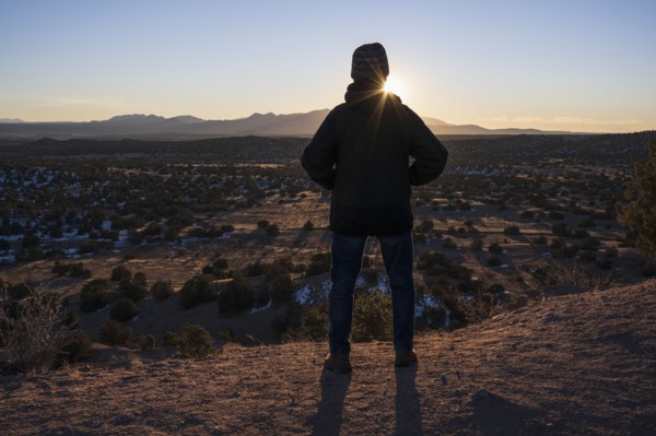 Rear view of man in desert landscape at sunset