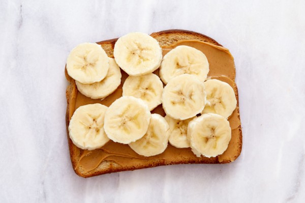 Overhead view of peanut butter and banana toast