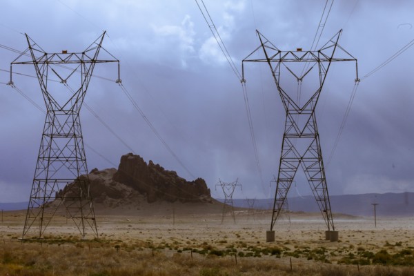 Electricity pylons in desert