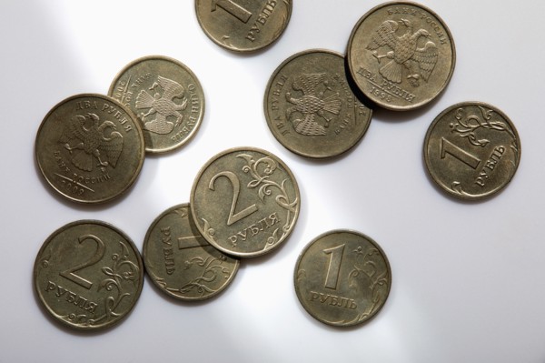 Overhead view of Russian Rubles on white background