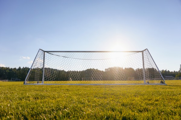 Soccer goal in field in sunshine