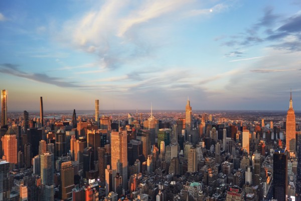 Aerial view of Manhattan skyscrapers at sunset