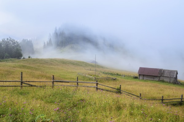 Foggy rural landscape in Carpathian Mountains