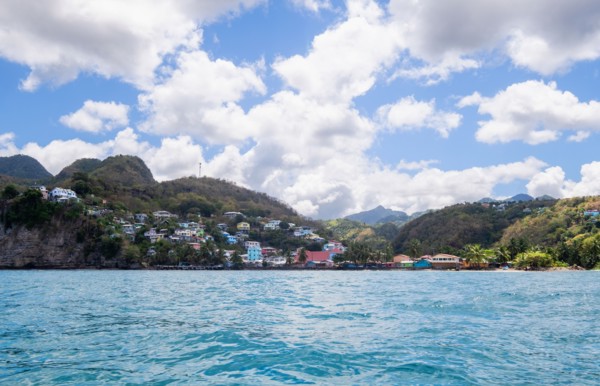 Fishing village in hilly landscape, , West Indies, St Lucia