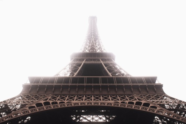 Low angle view of Eiffel Tower in mist, Paris, , France